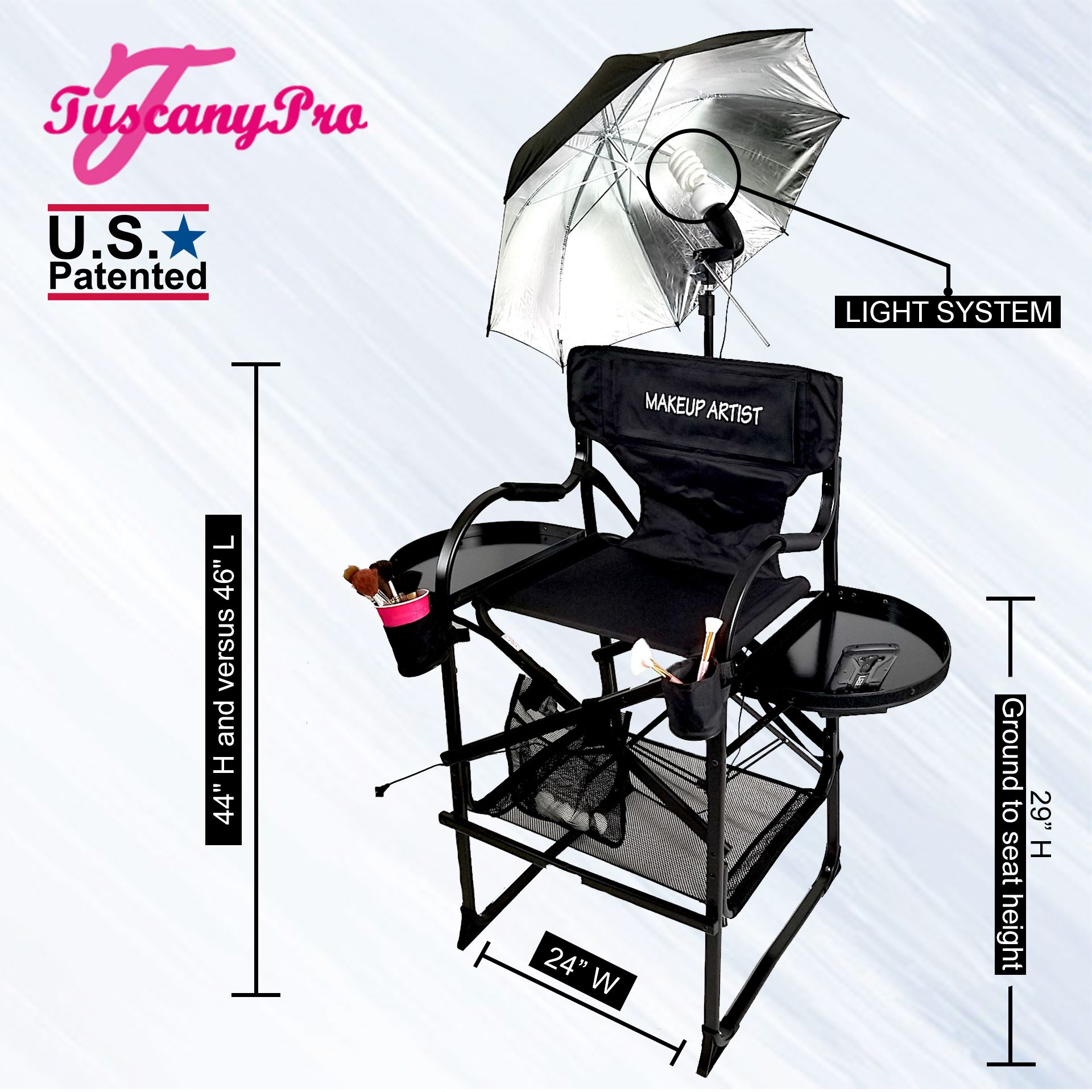 Tuscany Pro Tall Portable Makeup Chair Wt Lighting System 29 H