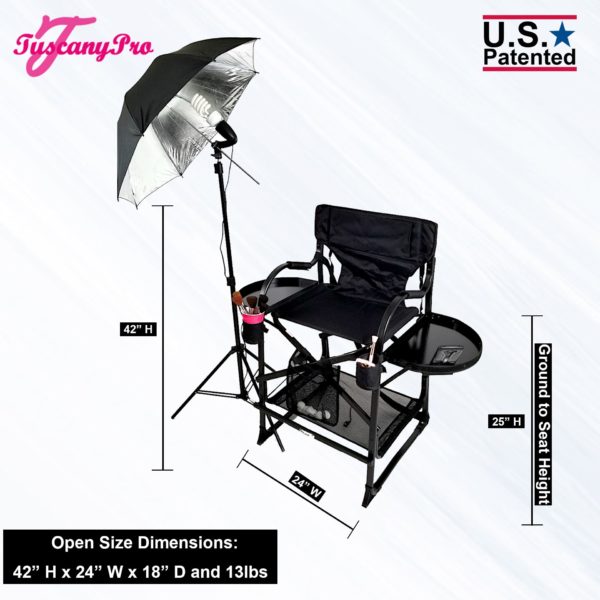 AS SEEN ON TV—FREE NAME LOGO—THE ORIGINAL TUSCANY PRO MID SIZE MAKEUP & HAIR PORTABLE CHAIR W LIGHT SYSTEM (25″ SEAT HEIGHT)-1