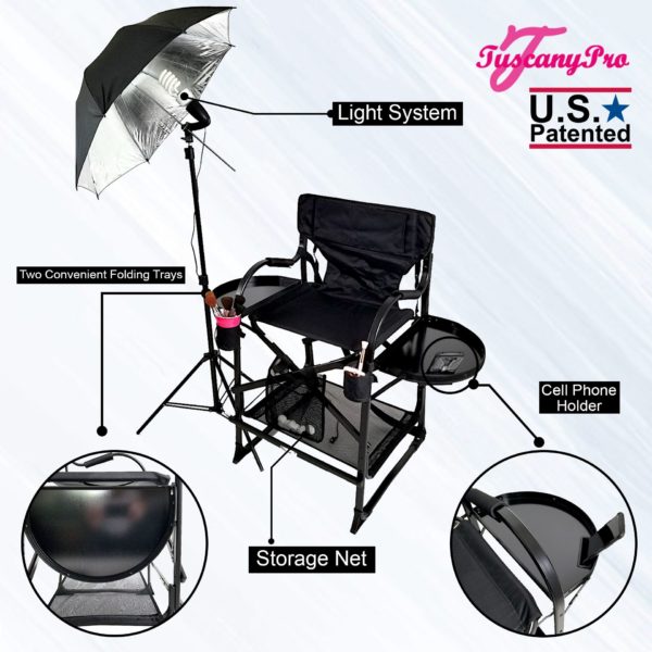 AS SEEN ON TV—FREE NAME LOGO—THE ORIGINAL TUSCANY PRO MID SIZE MAKEUP & HAIR PORTABLE CHAIR W LIGHT SYSTEM (25″ SEAT HEIGHT)-2