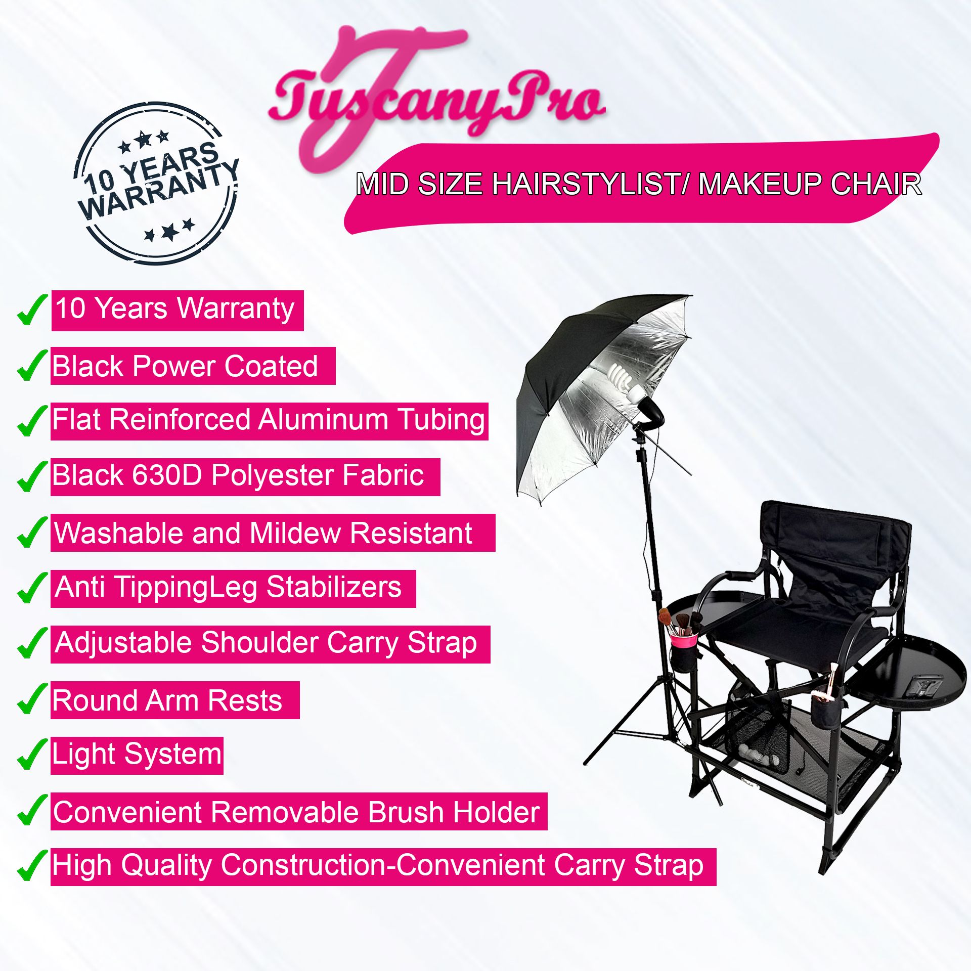 MID SIZE MAKEUP & HAIR PORTABLE CHAIR W/ LIGHT SYSTEM