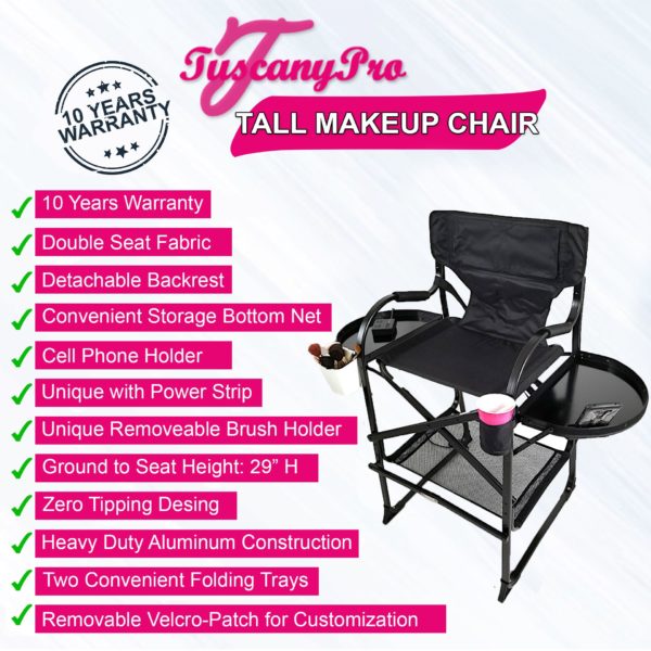 NEW 2019 TuscanyPro Tall Makeup Chair w Power Strip – 29′ Seat Height