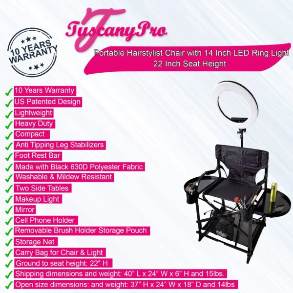TuscanyPro Portable Hairstylist Chair with 14 Inch LED Ring Light – Perfect for Makeup, Hair Stylist, Salon with 22 Inch Seat Height