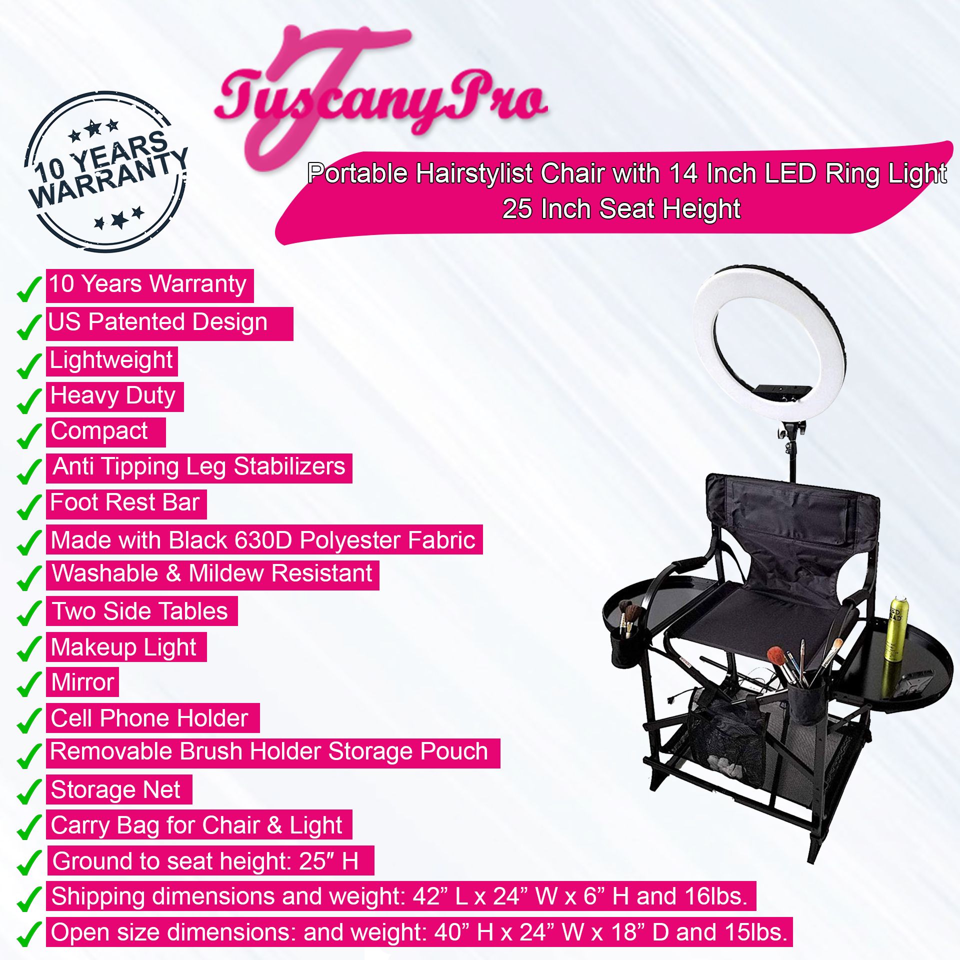 TuscanyPro Portable Makeup & Hair Chair with 14 Inch LED Ring Light - Perfect for Makeup, Hair Stylist, Salon with 25 Inch Seat Height